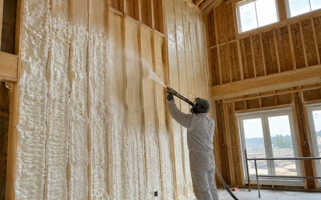 Open stud bays in a new build filled with foam before the boarding goes on