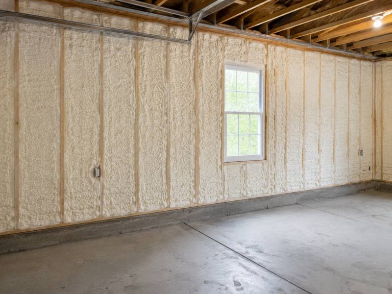 Garage insulated with spray foam across the walls and up to the ceiling